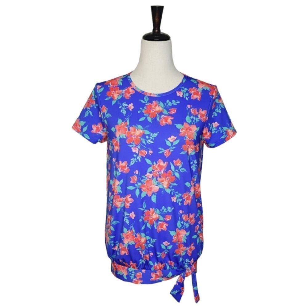 Lands' End Royal Blue Floral Tie Detail UPF Rash Gaurd Swim Top Size XS